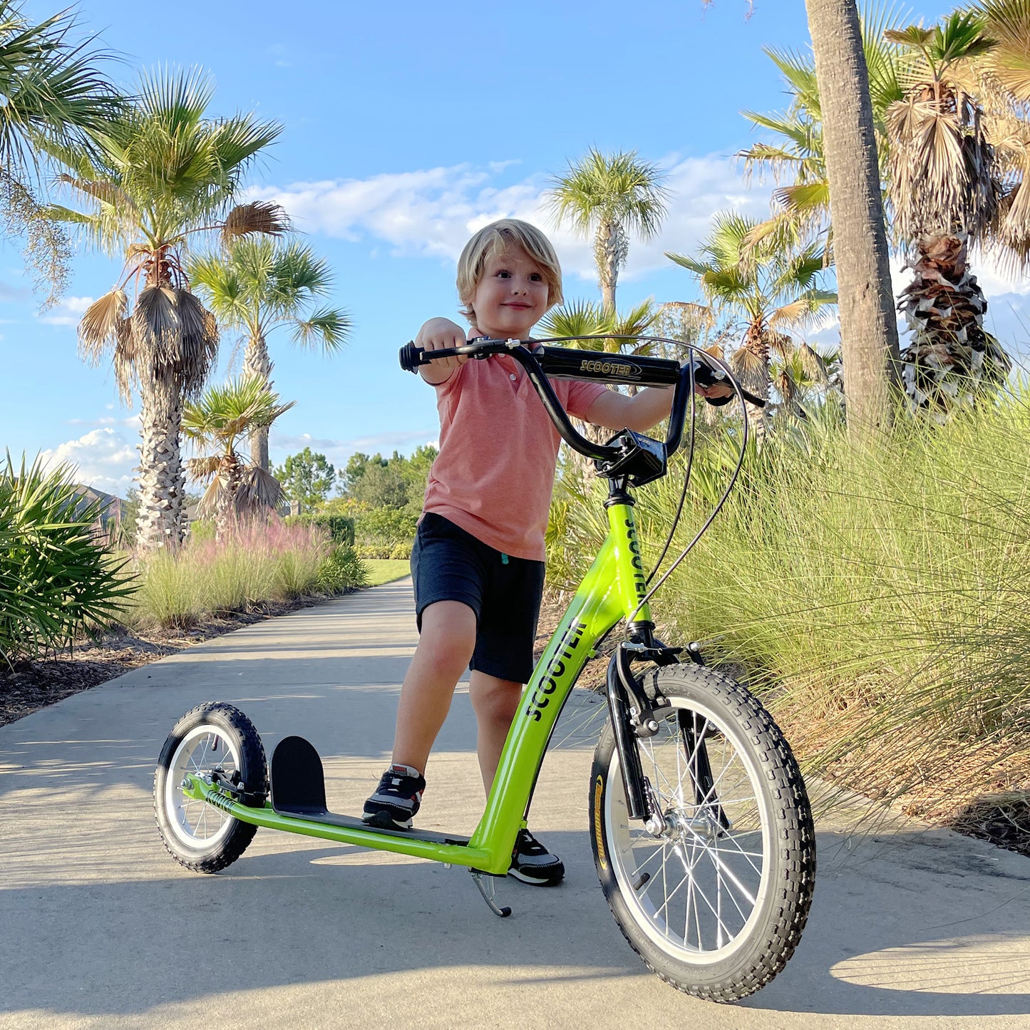 Youth Scooter with Adjustable Handlebar, Dual Brakes & Inflatable Wheels - Green