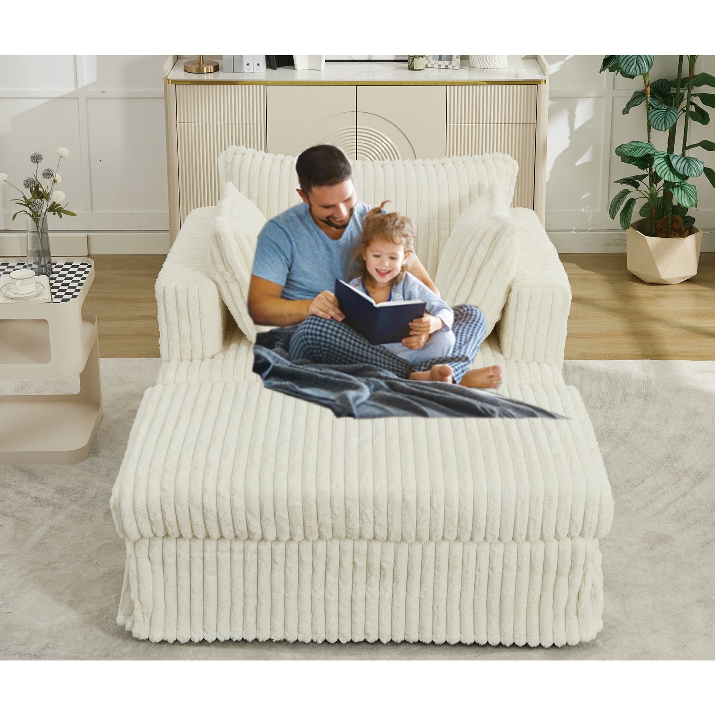 Oversized Corduroy Chaise Longue with Ottoman - Beige