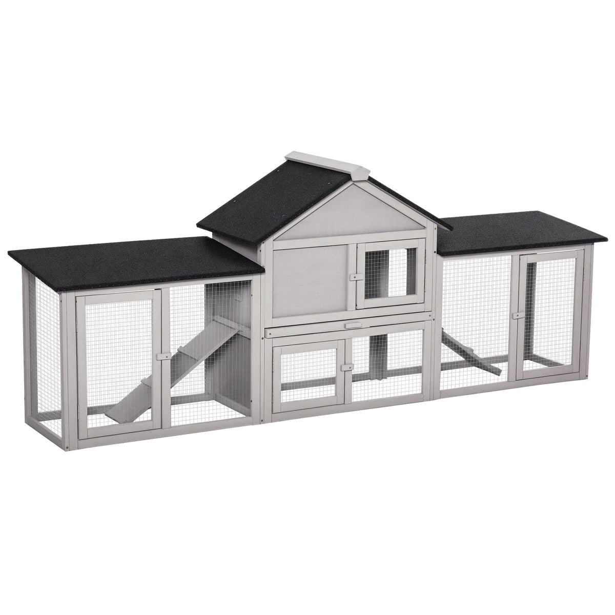 Large Wooden Rabbit Hutch 83 Inch 2-Story Pet House with Run & Ladder - Gray