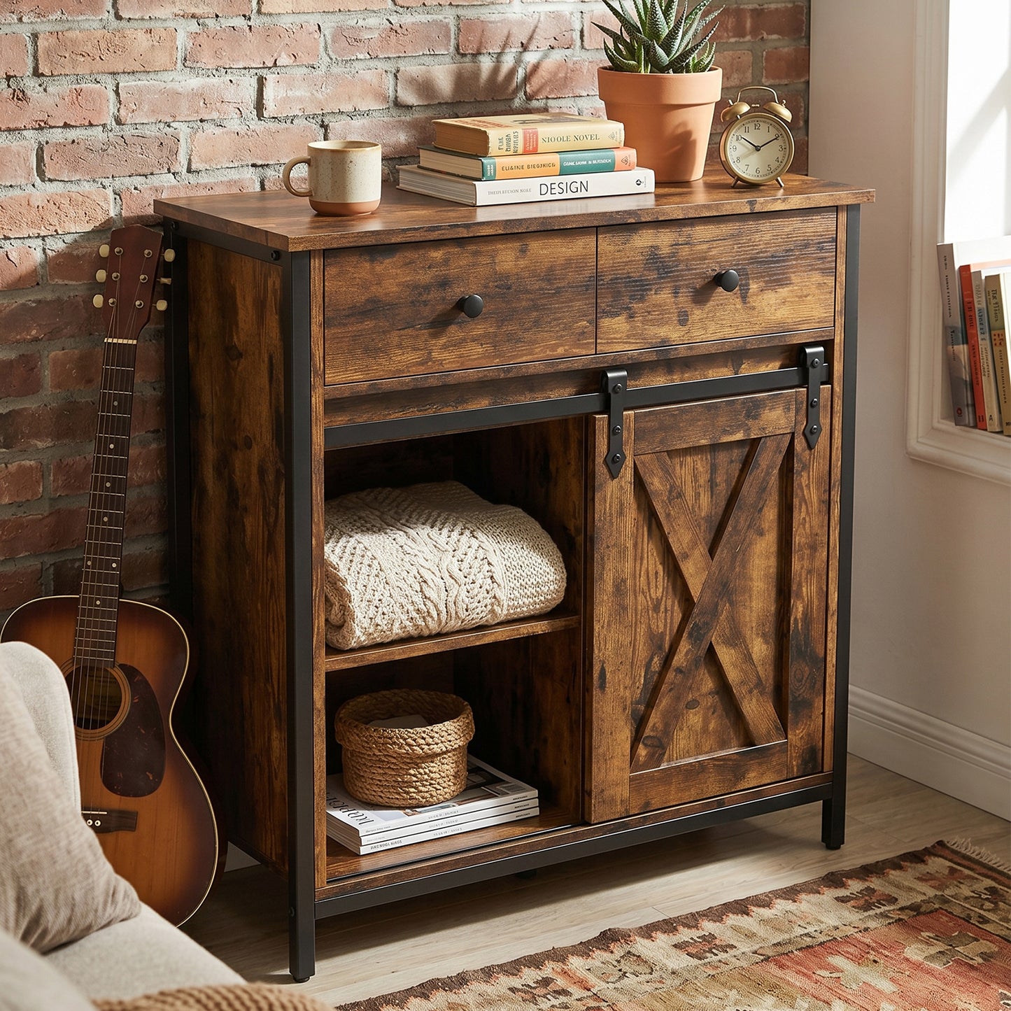 Farmhouse Buffet Cabinet with Sliding Barn Door & Adjustable Shelves
