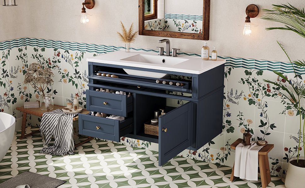 36-Inch Wall Mounted Bathroom Vanity with Ceramic Sink - Blue