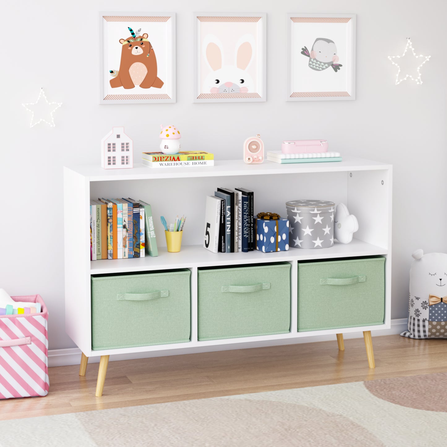 Kids Bookcase with Collapsible Fabric Drawers - White & Green