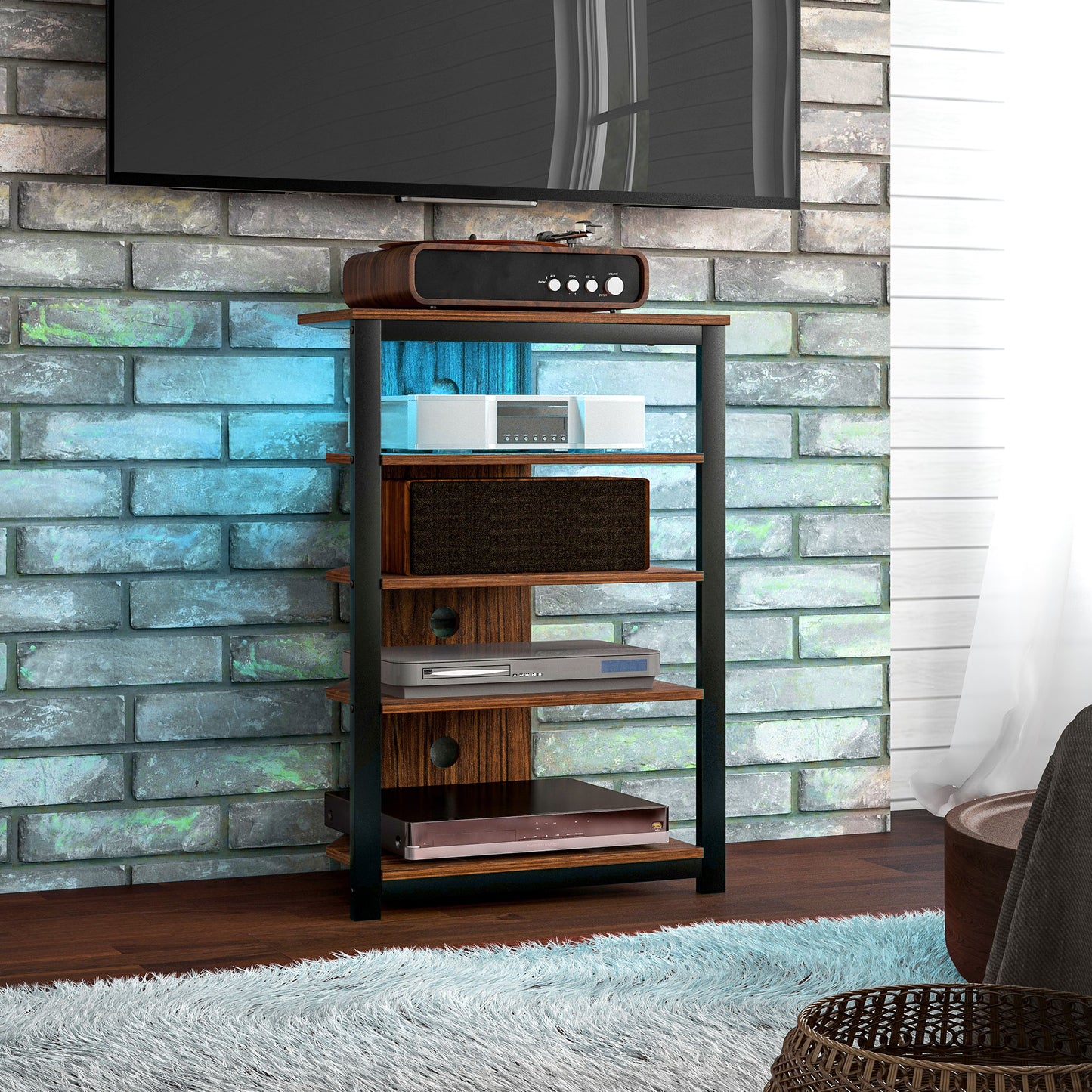 RGB LED TV Stand with Storage Shelves - Chestnut Brown