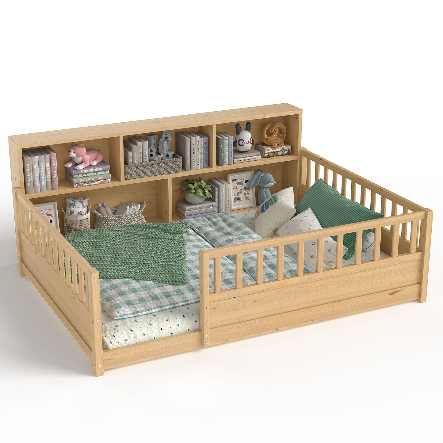 Full-Sized Wooden Floor Bed with Fence-Style Guardrail - Natural