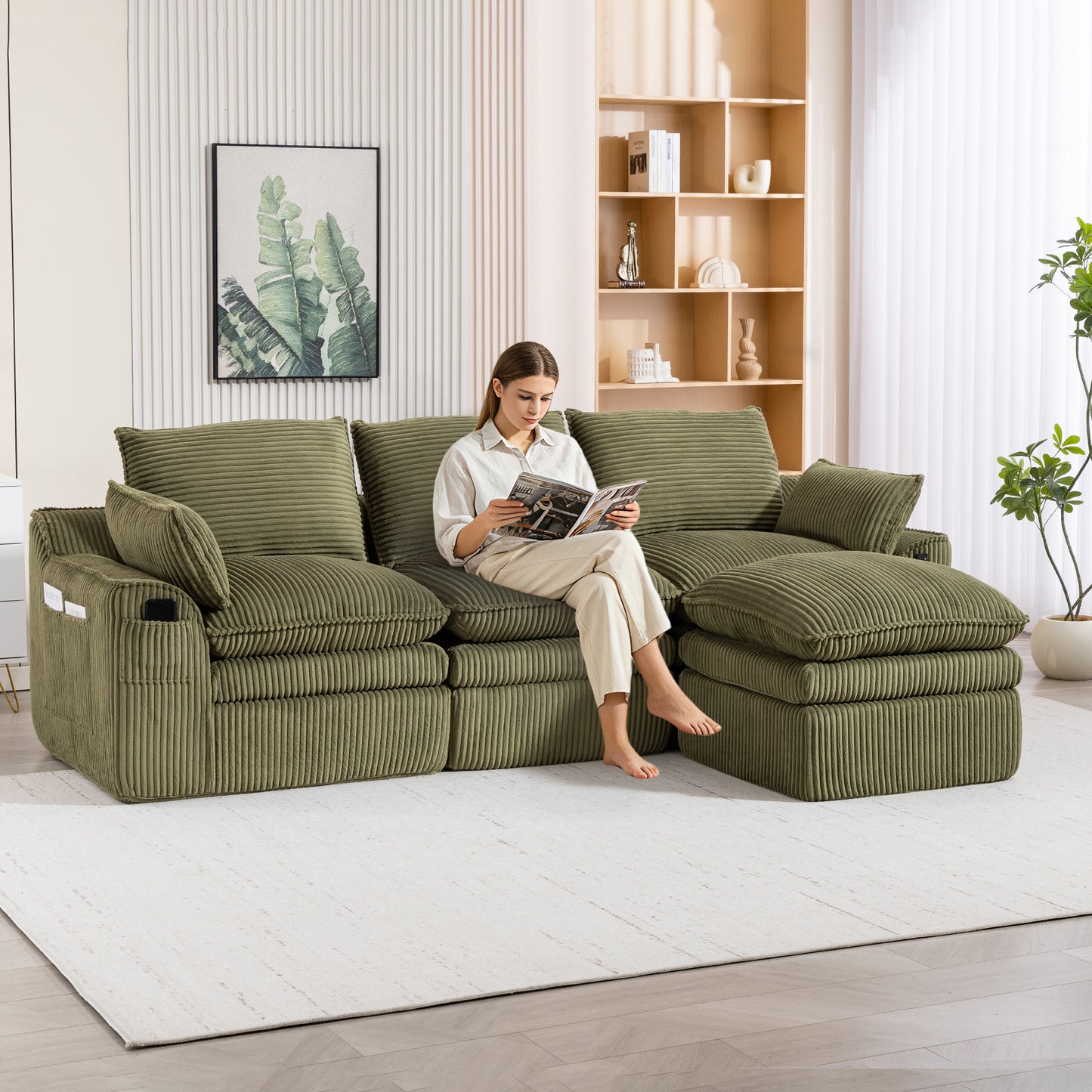 Emerald L-Shaped Modular Sectional Sofa with Footstool & Pillows