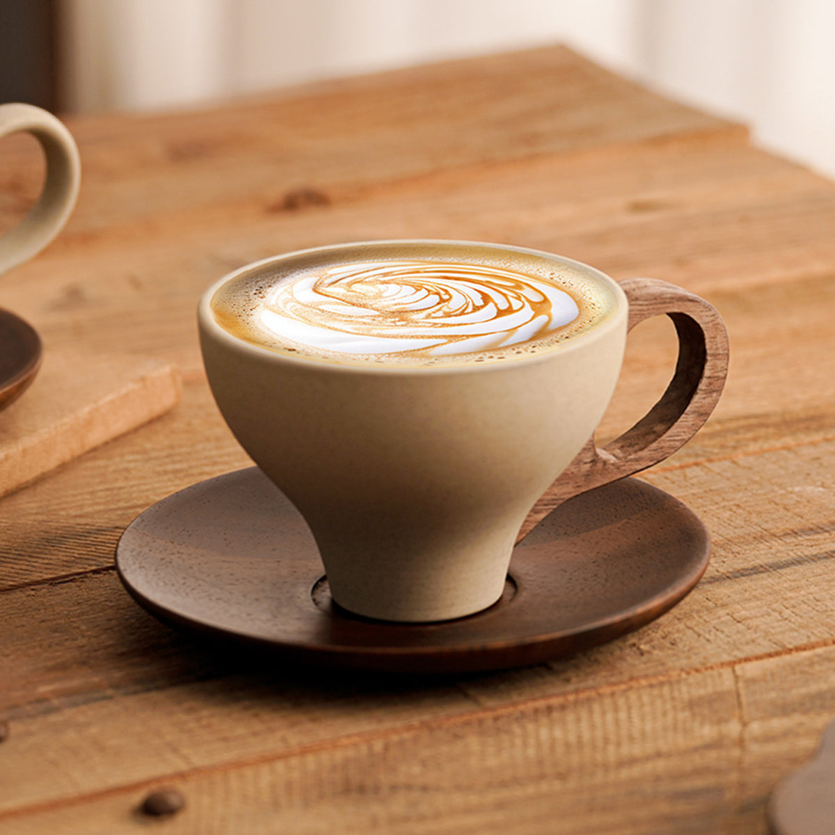 Minimalist Ceramic Coffee Cup with Wooden Handle and Coaster - 200ml
