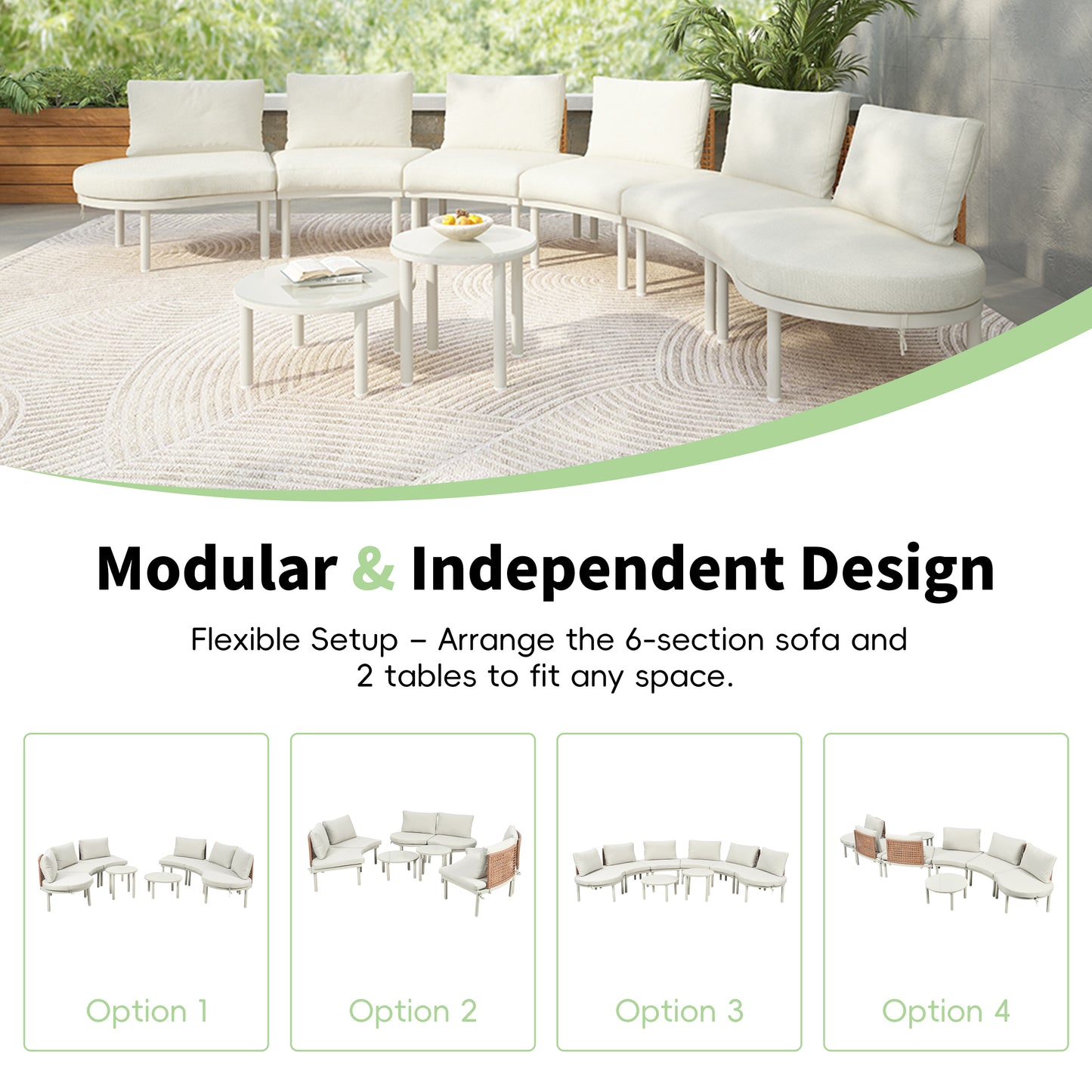 8-Piece Half Moon Outdoor Sectional Sofa Set with Coffee Tables - Beige