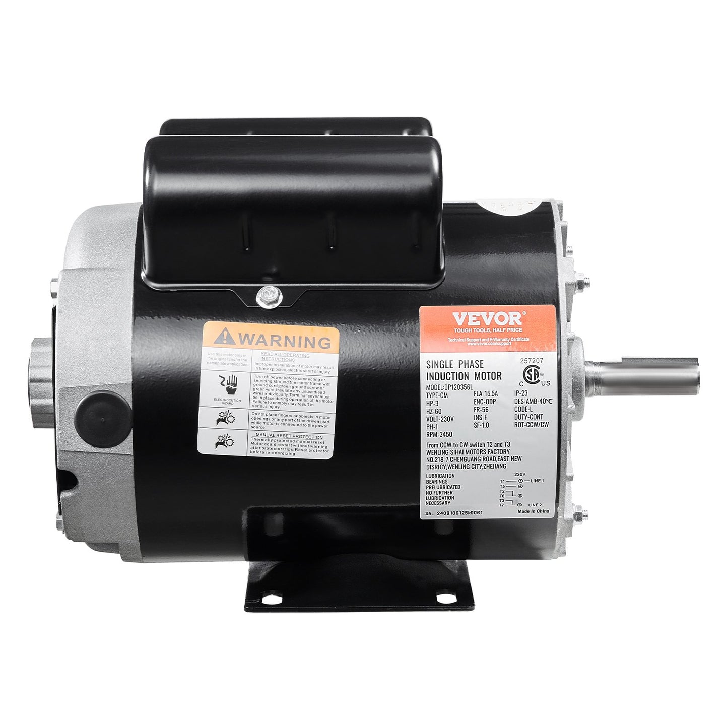 3HP 230V Electric Motor for Air Compressors 56 Frame CW/CCW Rotation