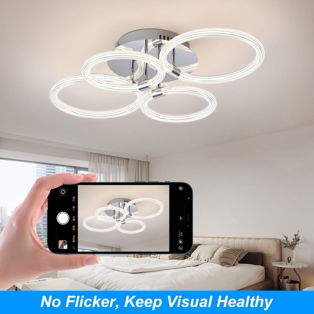 Modern Dimmable LED Ceiling Light with Remote Control, 4-Ring Acrylic Flush Mount Fixture for Bedroom, Living Room, Kitchen