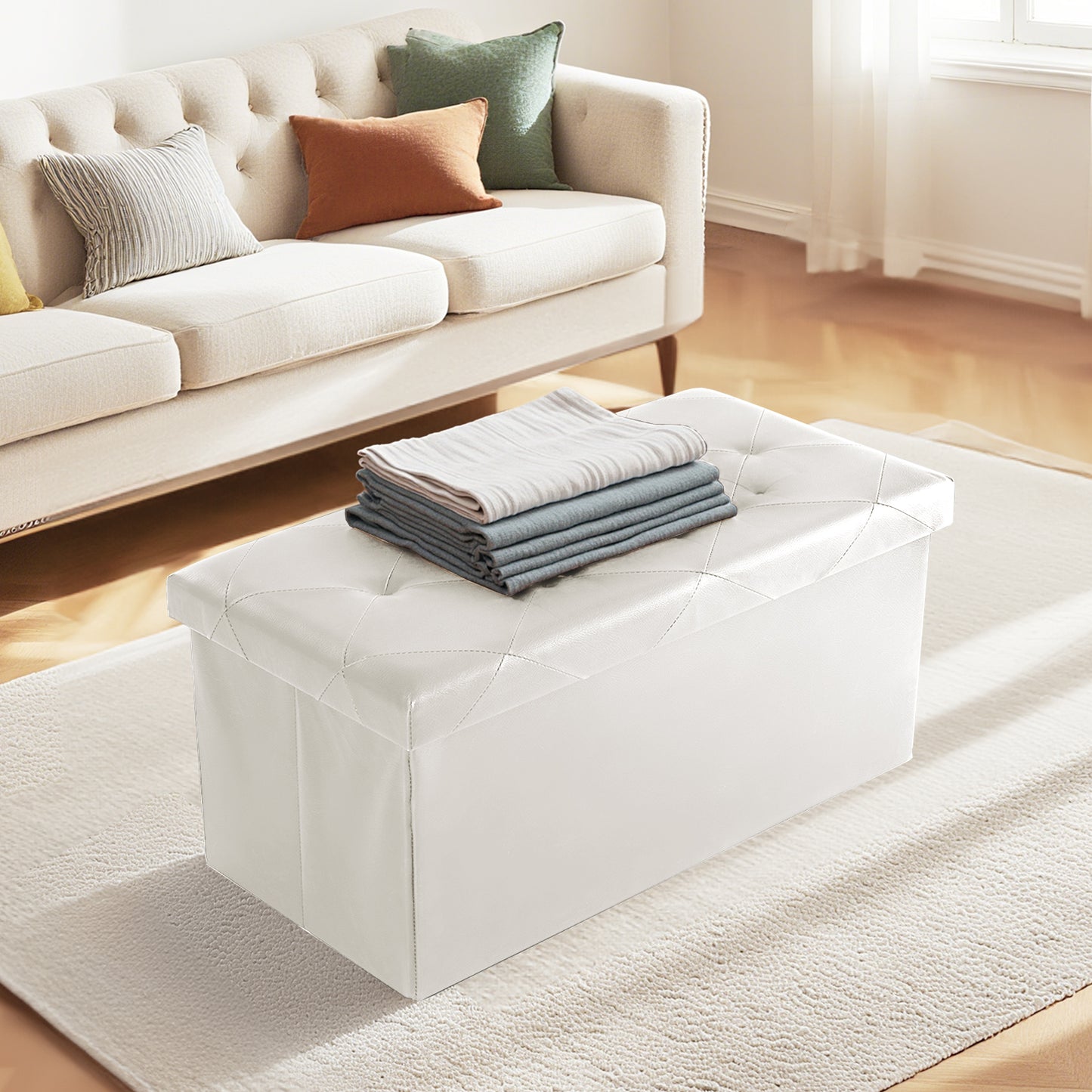 43-Inch Foldable Storage Bench - Beige PVC, 660 lbs Capacity