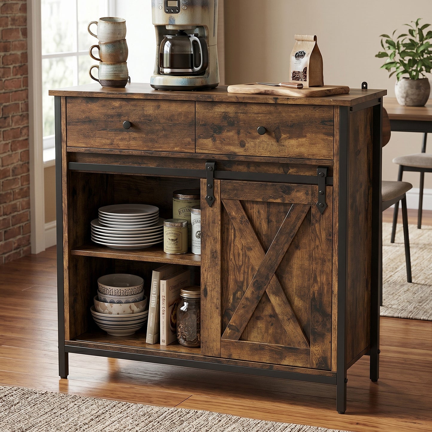 Farmhouse Buffet Cabinet with Sliding Barn Door & Adjustable Shelves