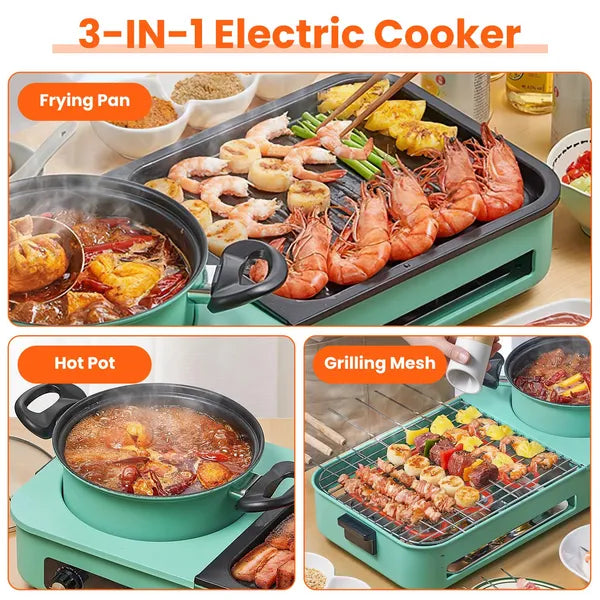 Electric Grill and Hot Pot Combo 1600W Smokeless Korean BBQ Indoor Outdoor