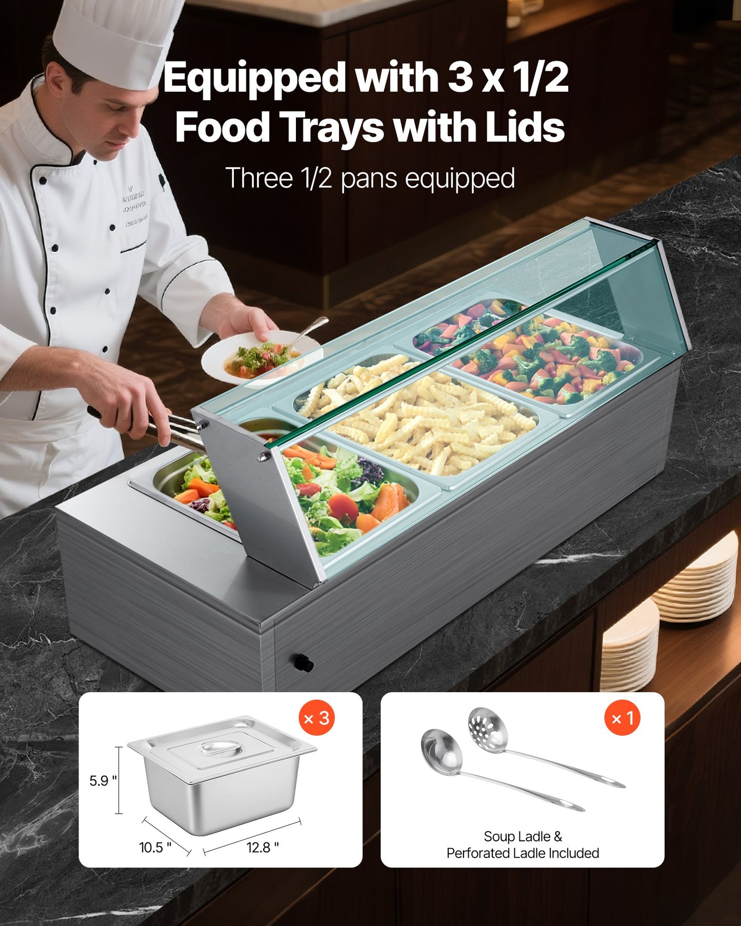 Commercial Food Warmer 3-Pan Buffet Bain Marie 1500W with Glass Cover - Silver