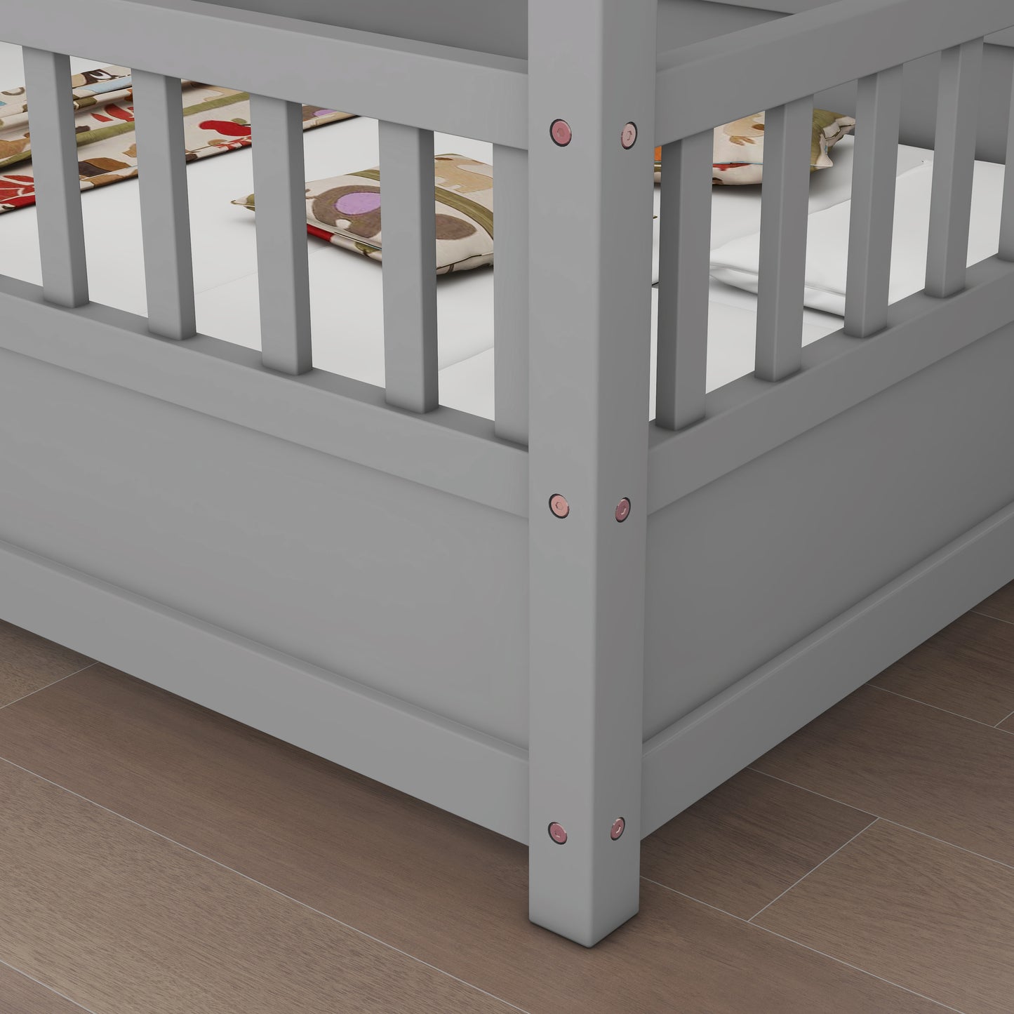 Full Size Wooden Bed with House Roof Frame & Fence Guardrails - Grey