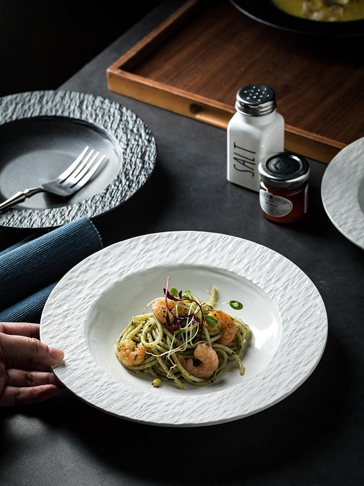 Ceramic Soup Plate Set - Stone Pattern Round Dinnerware for Kitchen & Dining