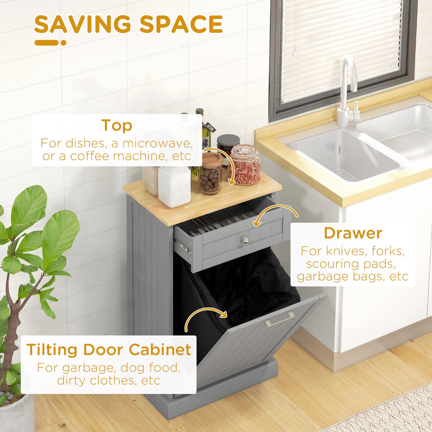 Tilt-Out Trash Bin Cabinet with Drawer - Gray Kitchen Organizer
