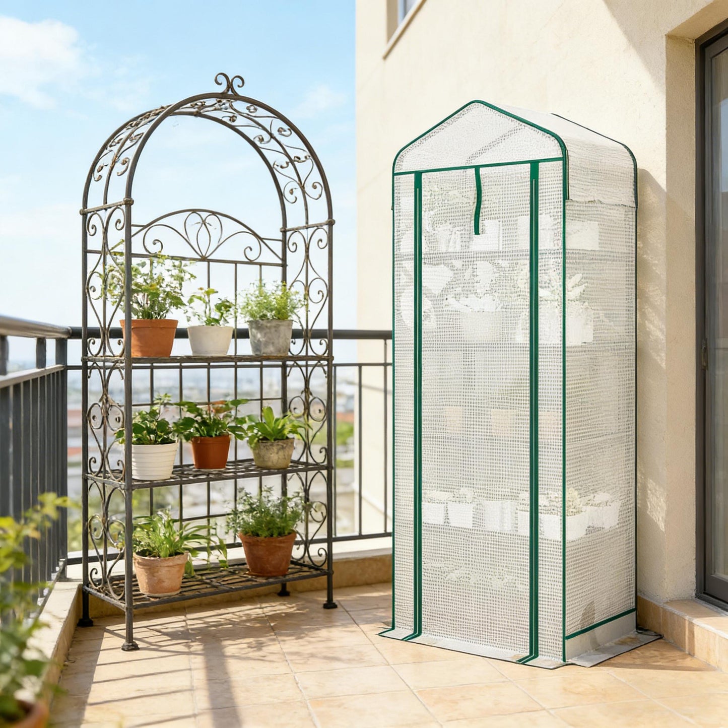 Portable Mini Greenhouse with Five-Tier Plant Shelf - Dark Green & White