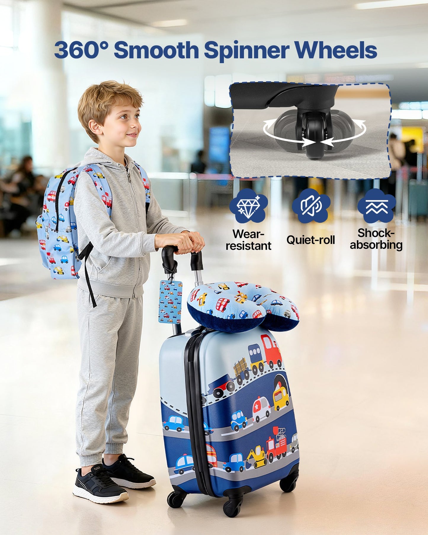 Kids Luggage Set 5-Piece 18 Inch Hardside Suitcase with Backpack & Pillow, Airline Approved Travel Gear for Boys Girls