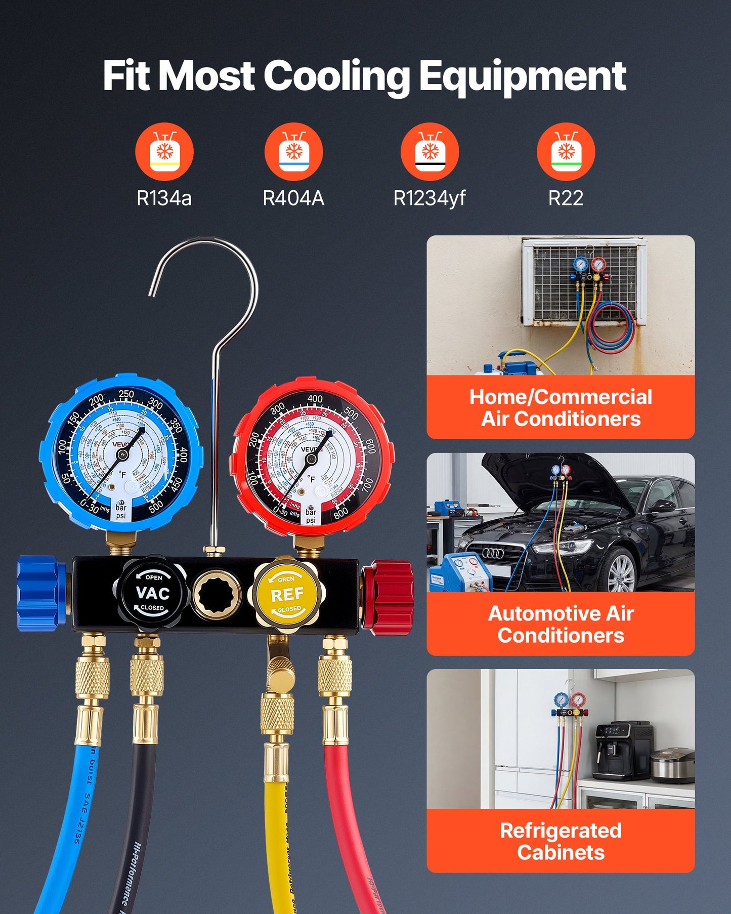 Automotive AC Manifold Gauge Set with 4 Hoses for R134a R404A R1234yf R22 Recharge