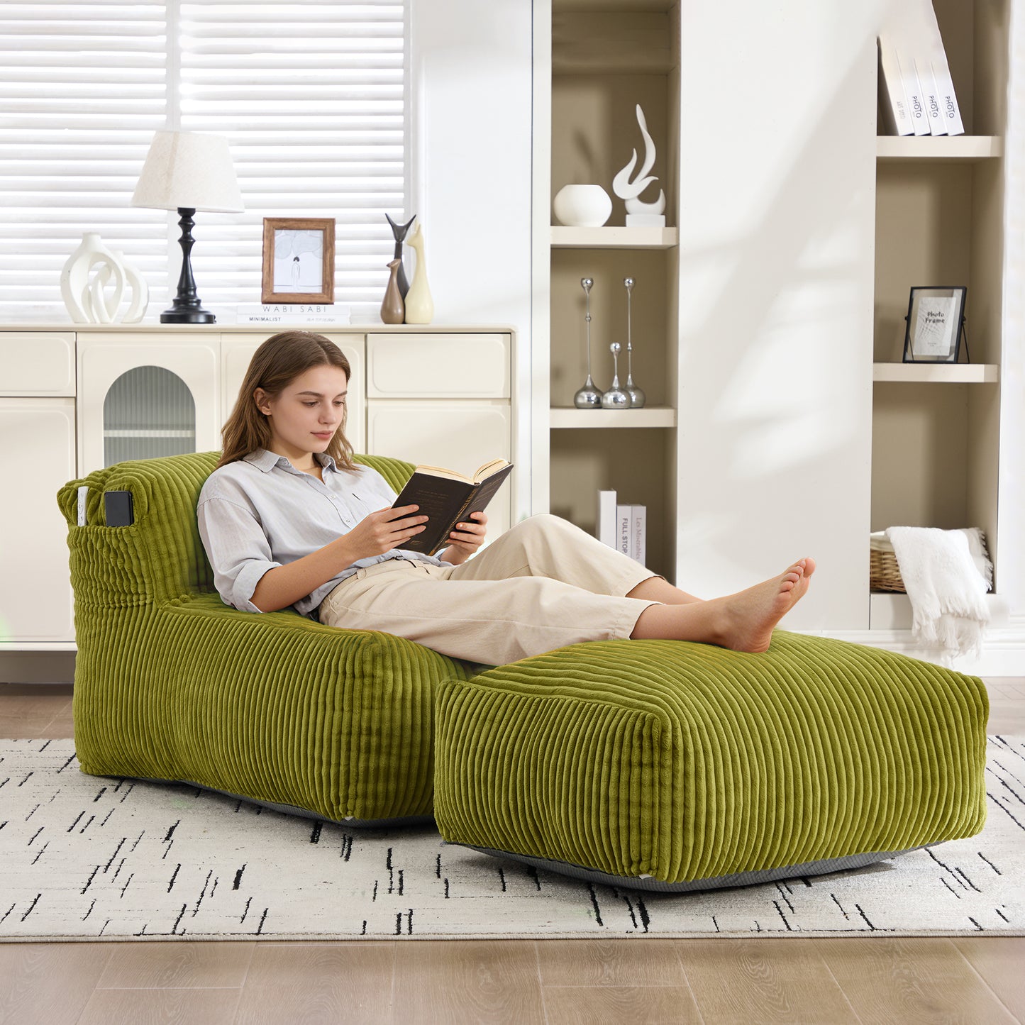Large Memory Foam Bean Bag Chair with Ottoman - Olive