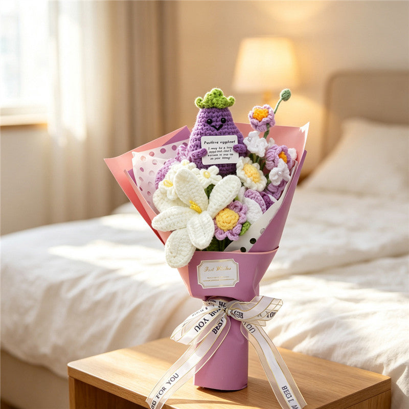 Crocheted Flower Bouquet with Eggplant Doll Lilies & Purple Flowers - Handmade Home Decor