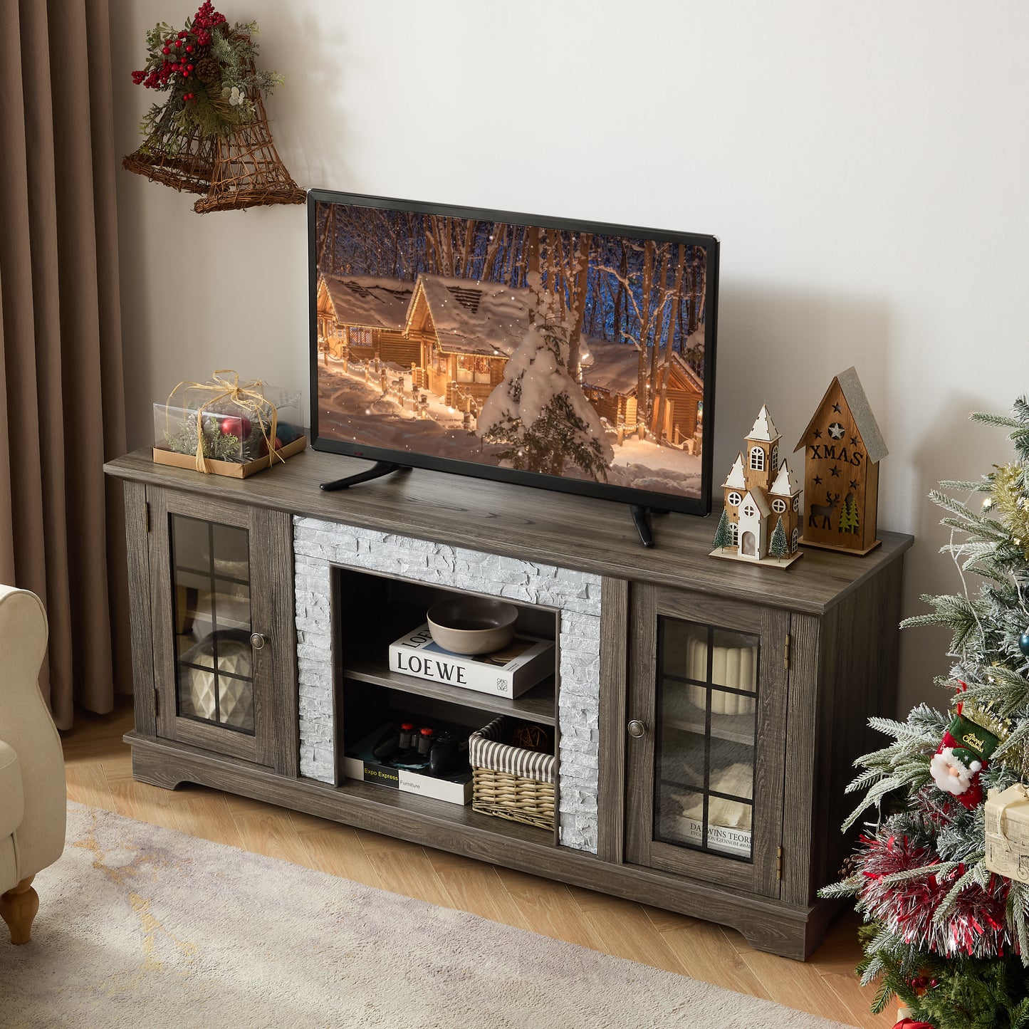 58 Modern TV Stand With 2-Door Storage, Faux Stone Media Console