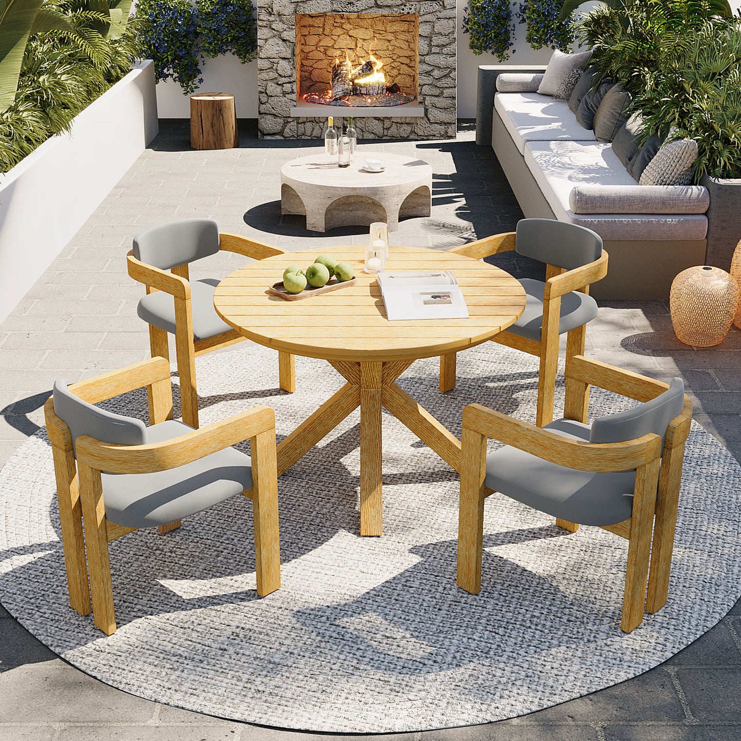 5 Piece Outdoor Acacia Wood Round Dining Set, Solid Patio Table With