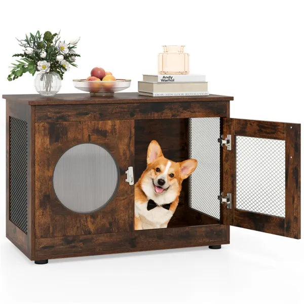 2-in-1 Dog Crate End Table - Rustic Brown, 88lbs Capacity, Farmhouse Style