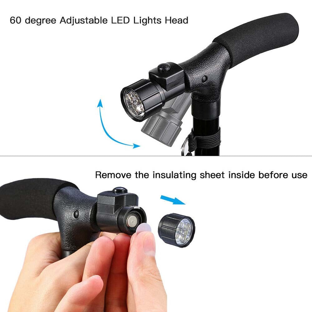 Folding Aluminium Walking Cane with Flashlight - Black