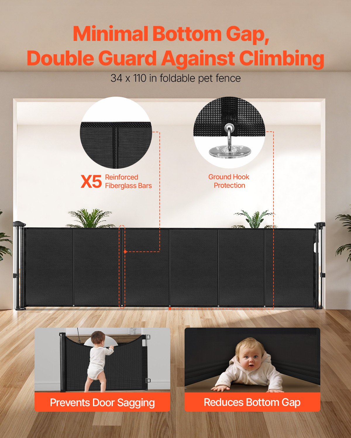 Retractable Baby Gate 34 Inch Tall Extends Up To 110 Inch Wide Mesh Safety Barrier for Kids Pets