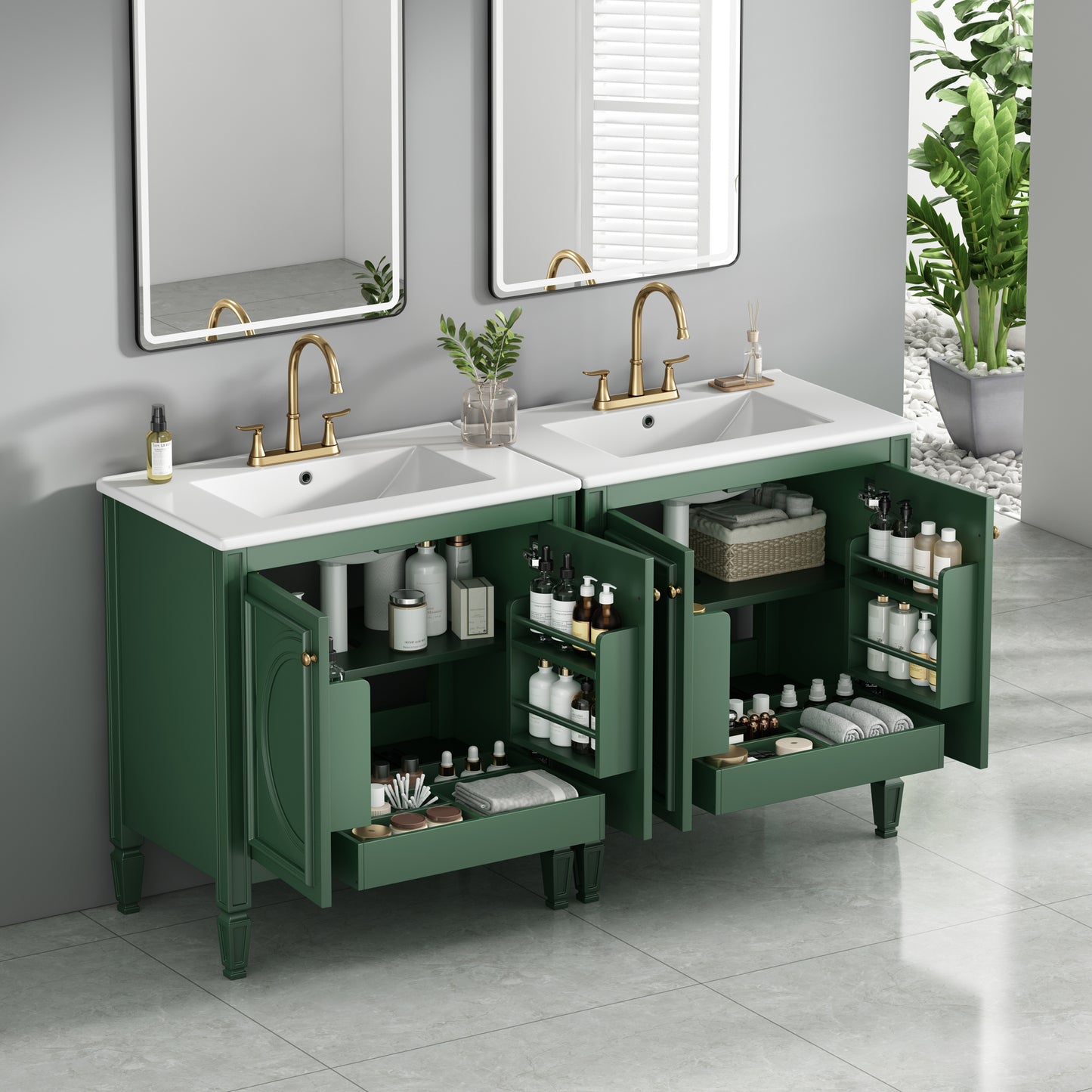 60" Green Bathroom Vanity Set with Double Sinks & Storage