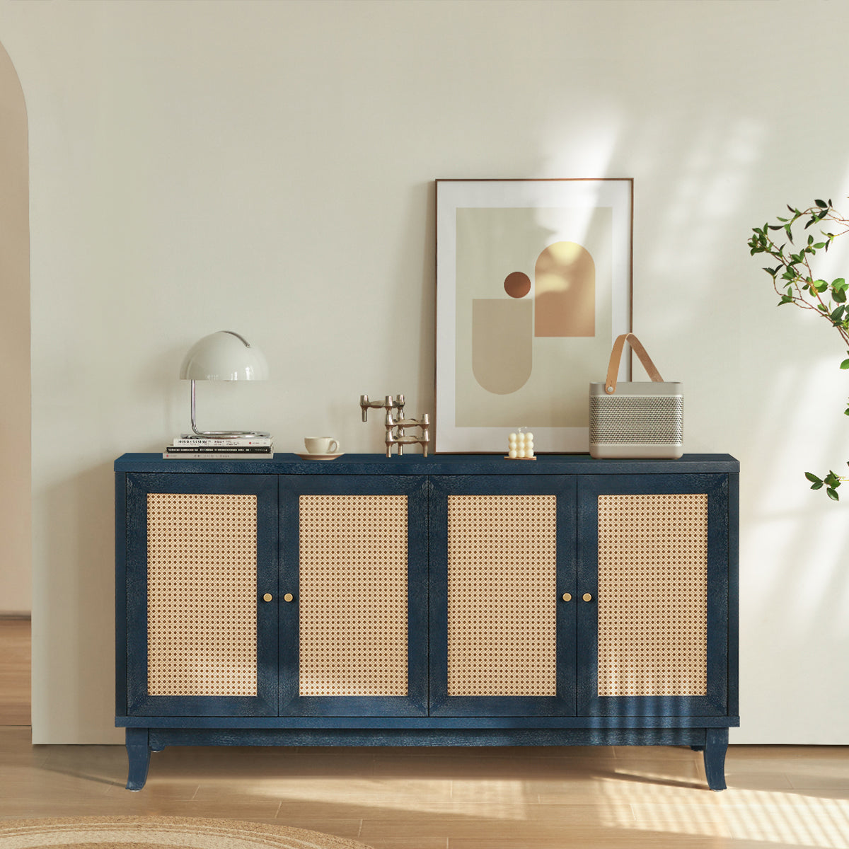 Rattan Sideboard Cabinet with 4 Doors - Antique Navy Blue
