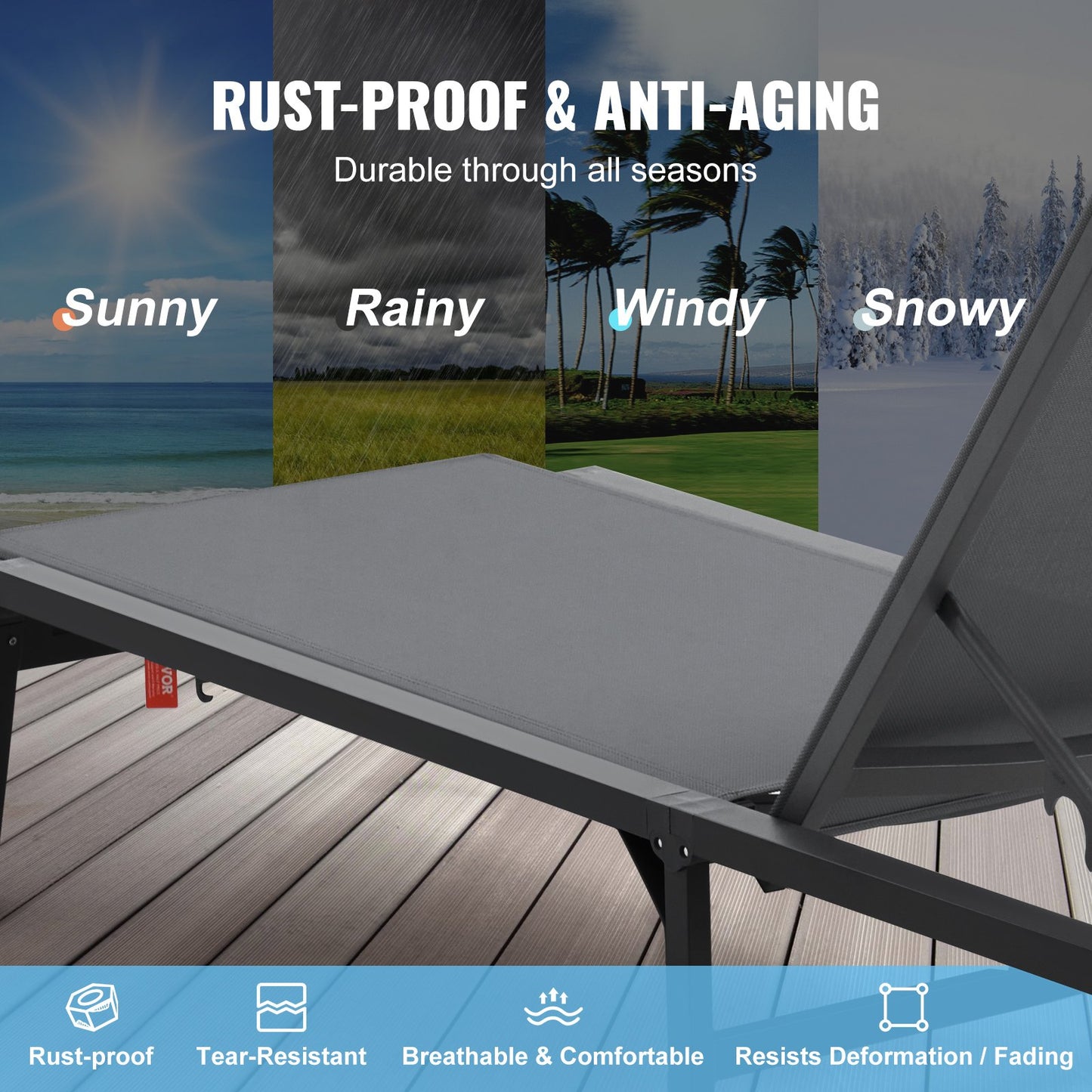 Outdoor Lounge Chair Set - Adjustable 5-Position Patio Sunbed, 2 Pcs Grey