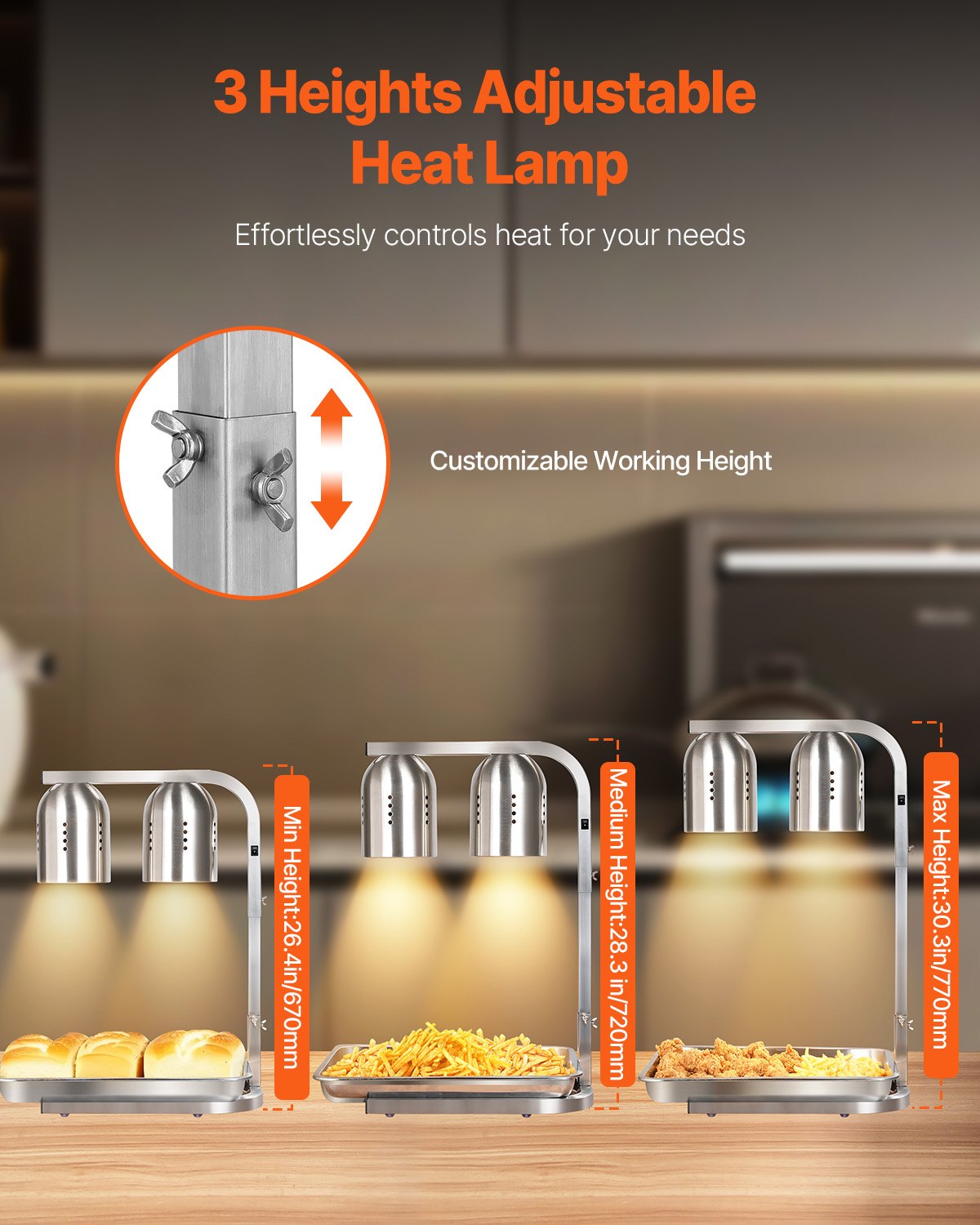 Commercial Food Heat Lamp with 500W Bulb - Adjustable Stainless Steel Food Warmer for Restaurant Kitchen