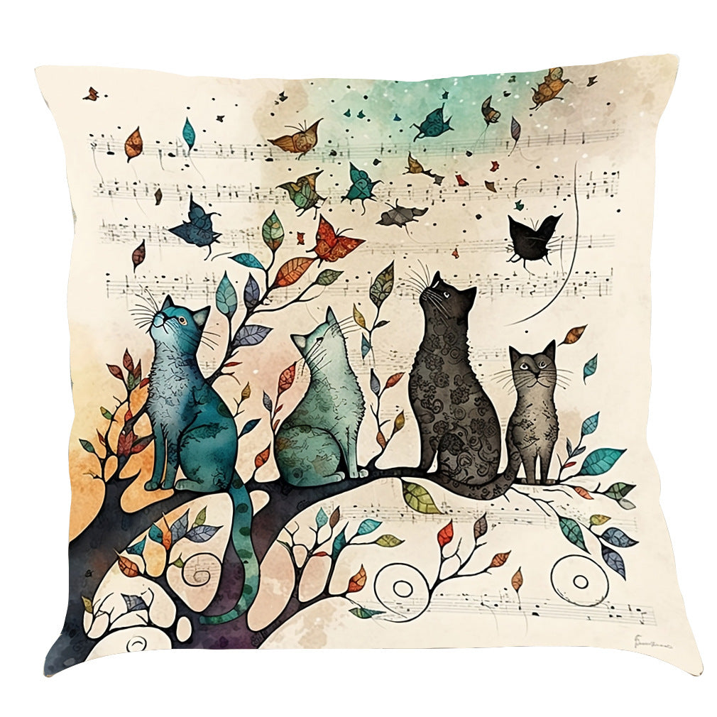Musical Cats Printed Cotton Linen Pillowcase - Home Decor & Bedding