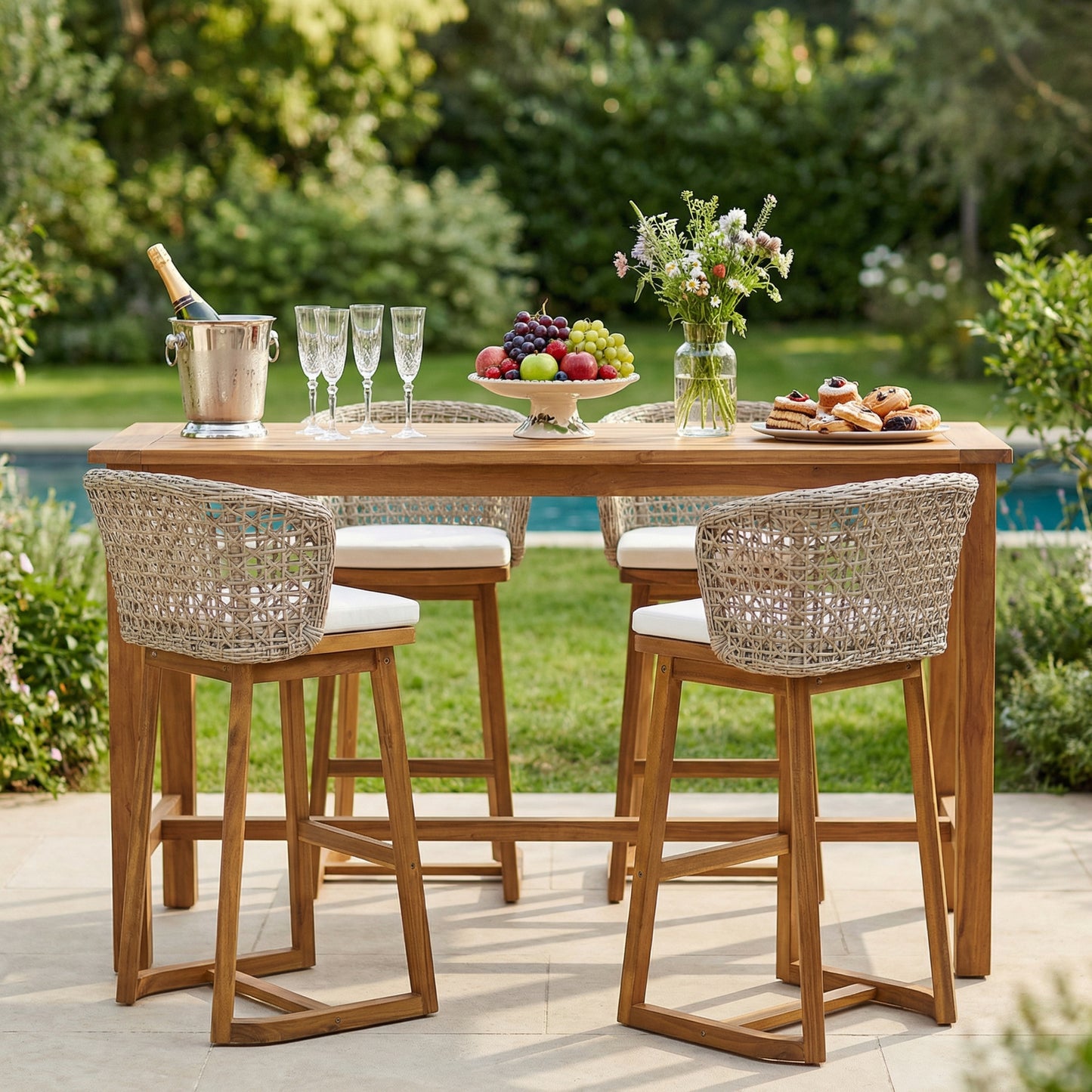 Outdoor Acacia Wood Bar Stools Set of 4 with Cushions & Wicker Back