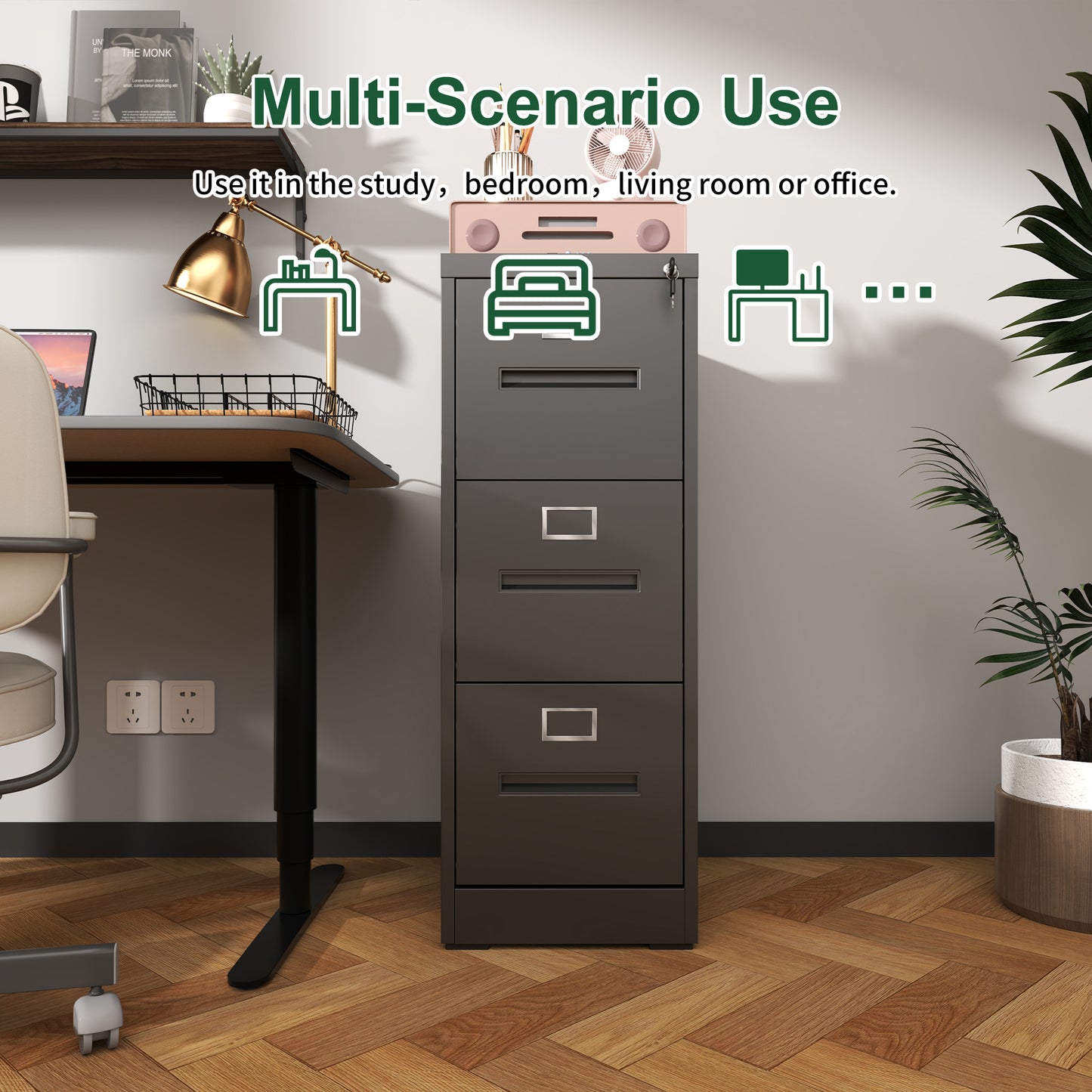 3 Drawer File Cabinet With Lock Metal Vertical Office Home, A4 Legal