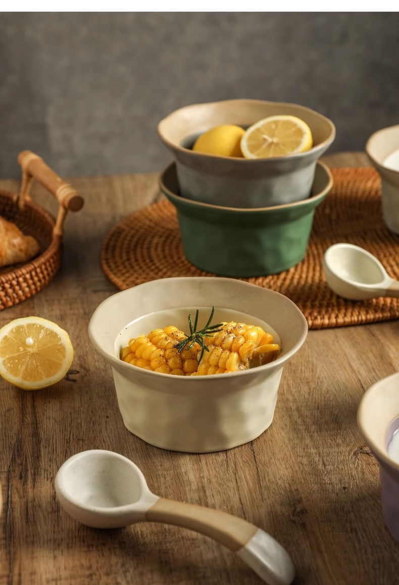 Retro Ceramic Kitchen Bowl Set with Spoons - Handmade Stoneware Dinnerware