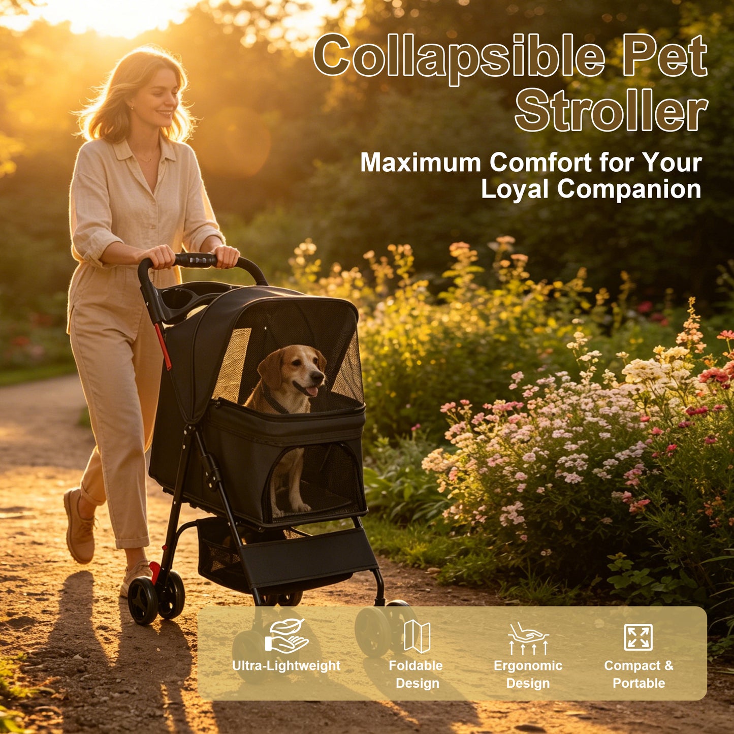 Foldable Pet Stroller for Small Dogs and Cats - Black, 28 lbs Capacity with Safety Leashes & Mesh