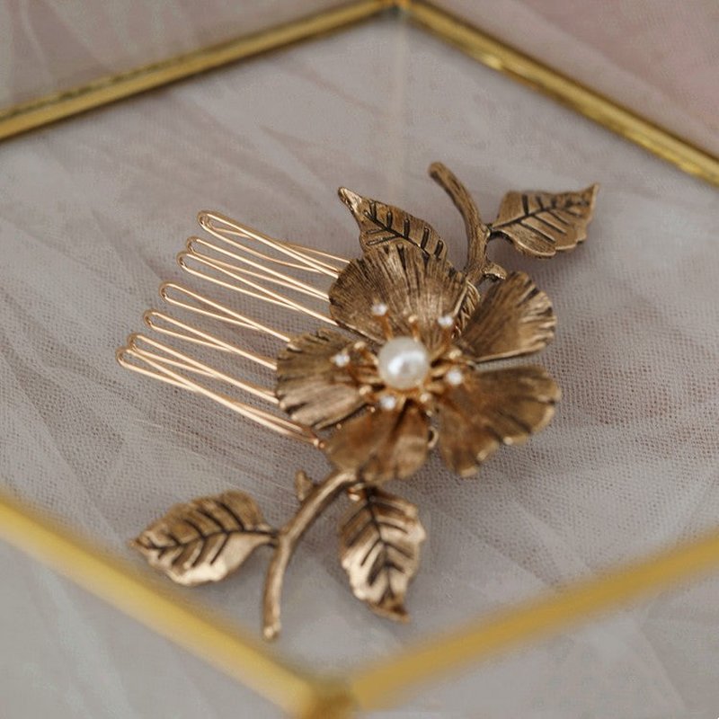 Metal Flower Hair Comb with White Crystal - Tuck Comb