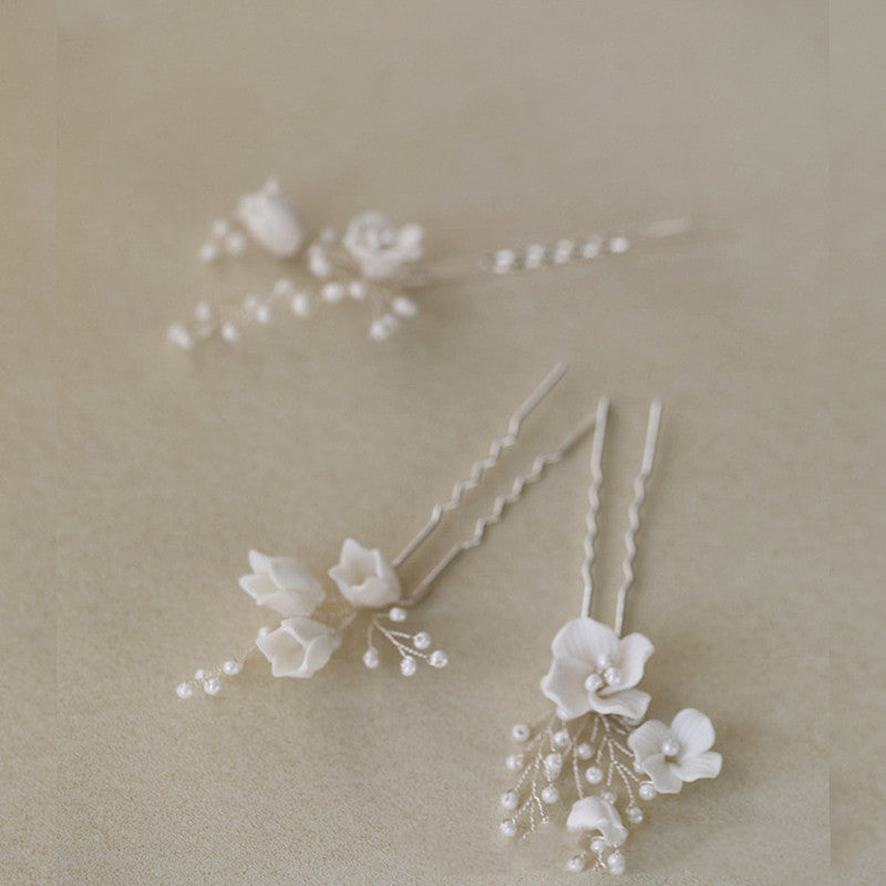 Ceramic Flower Hair Fork Set for Bridal Hair Accessories - Gold & Silver