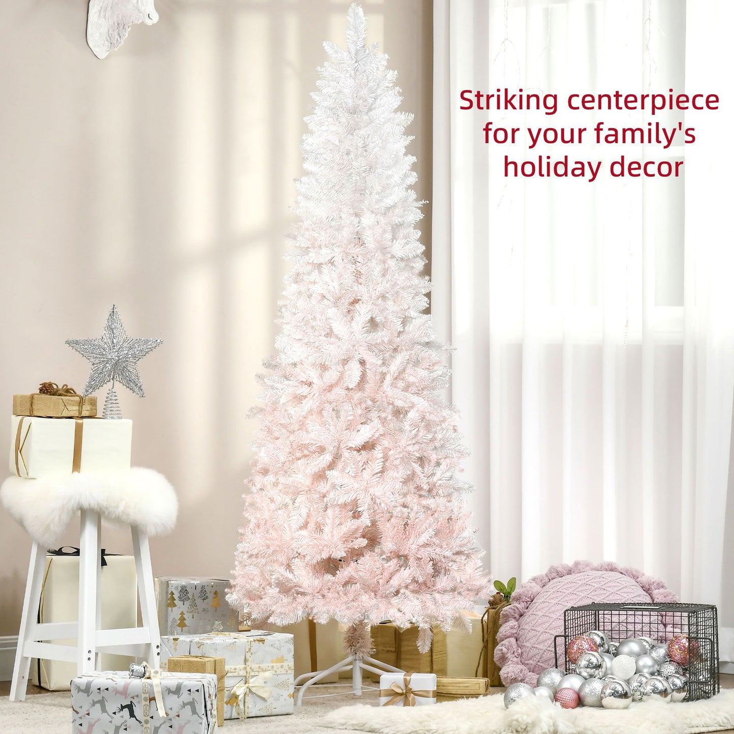 6ft Slim Pencil Artificial Christmas Tree - Pink & White