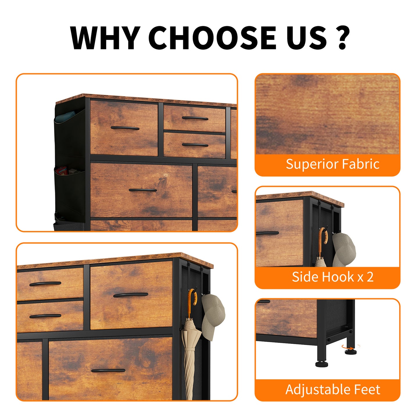 10-Drawer Storage Cabinet with Side Pocket & Hooks - Brown