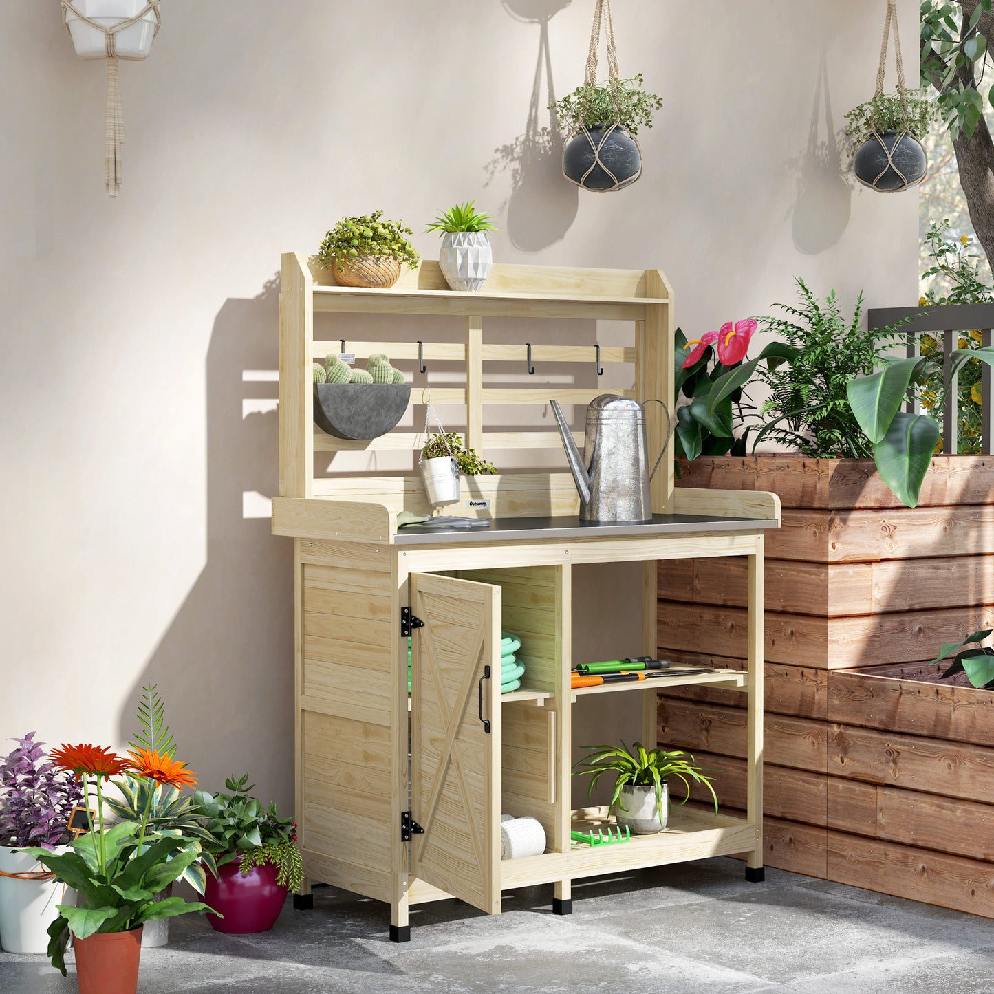 Wooden Potting Bench with Sink & Storage for Garden, Patio, Balcony - Natural Wood