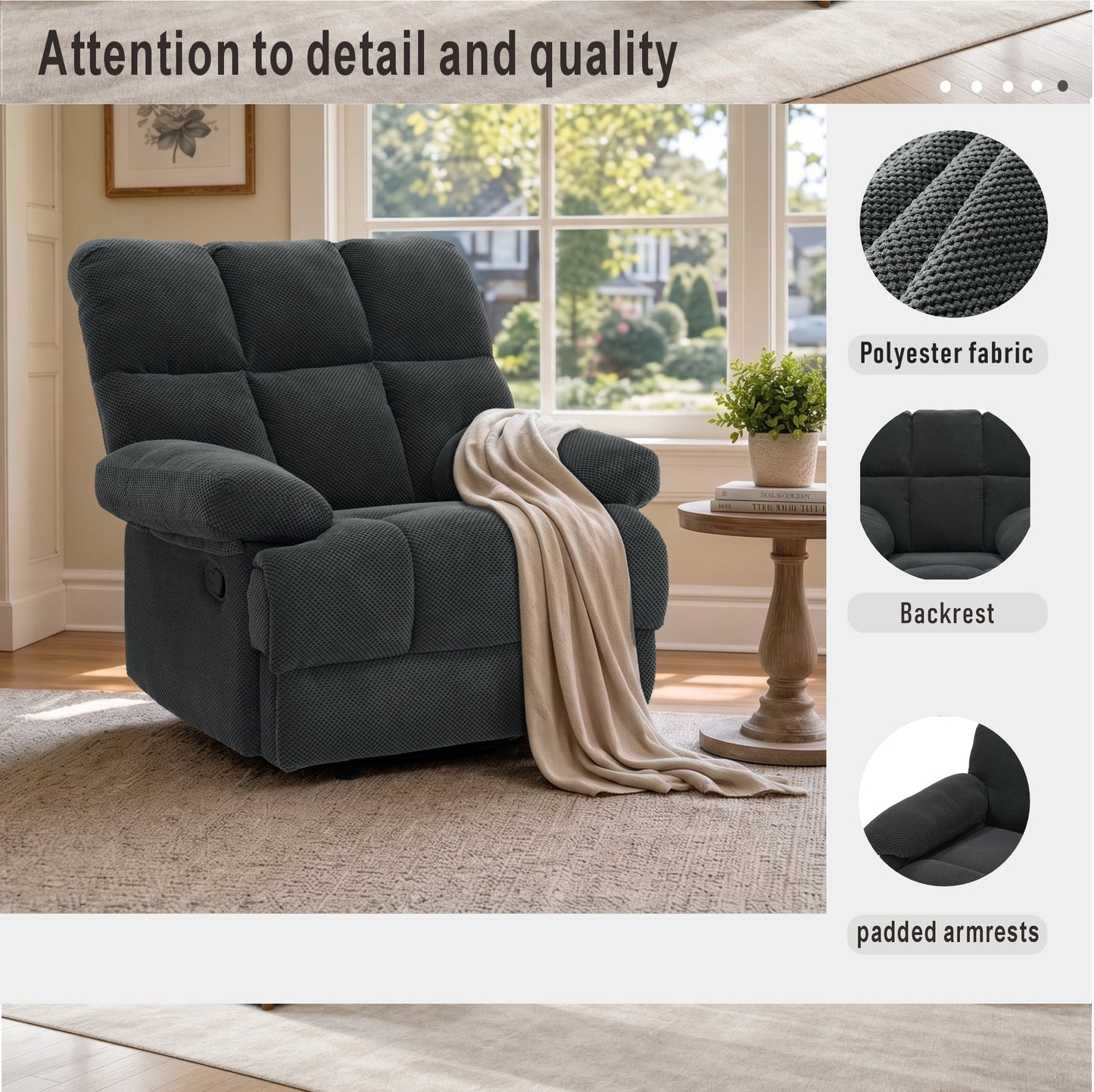 Modern Manual Rocker Recliner Chair - Dark Gray Upholstery