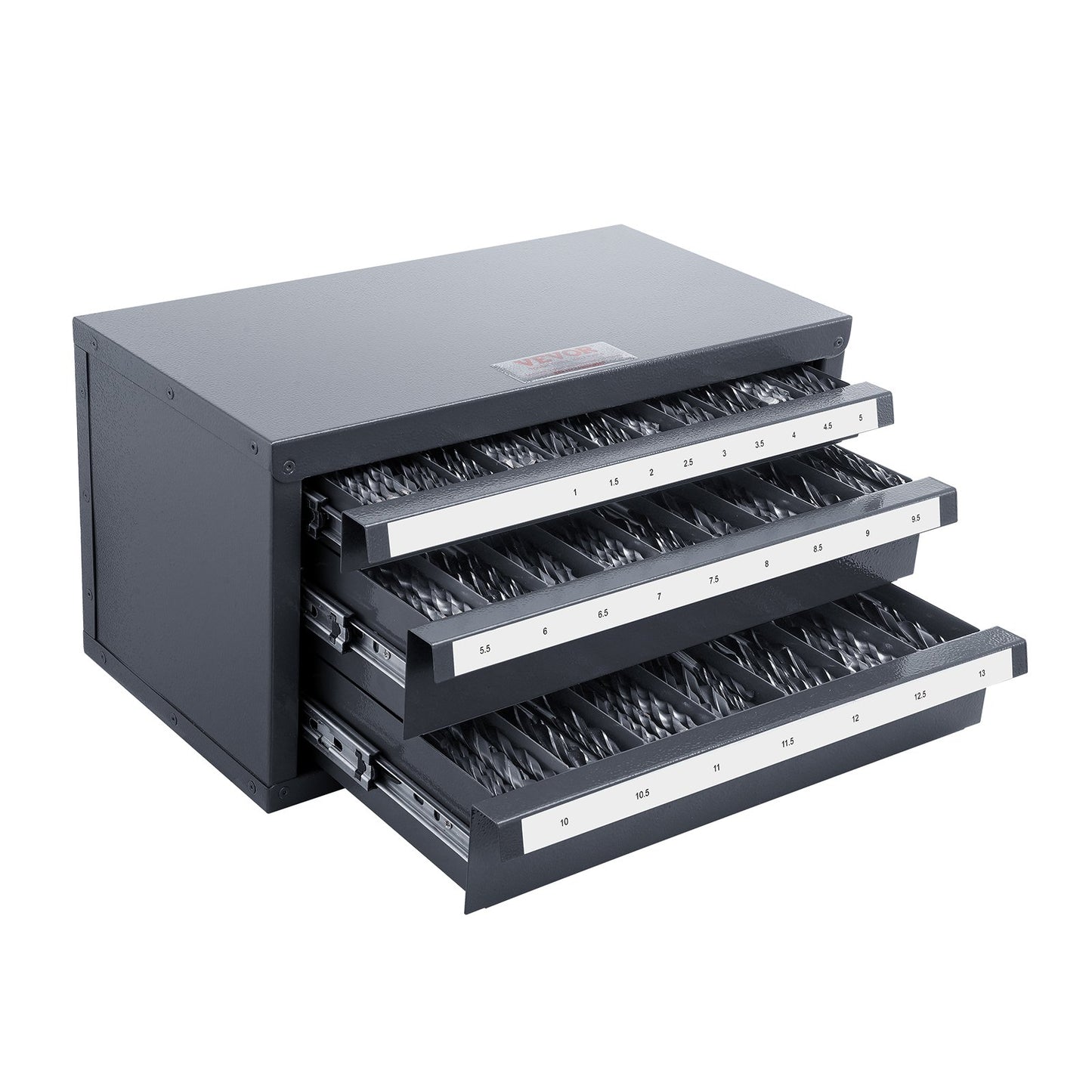 Drill Bit Dispenser Cabinet - Steel Organizer with Labels for 1-13mm Bits, Stackable, Grey