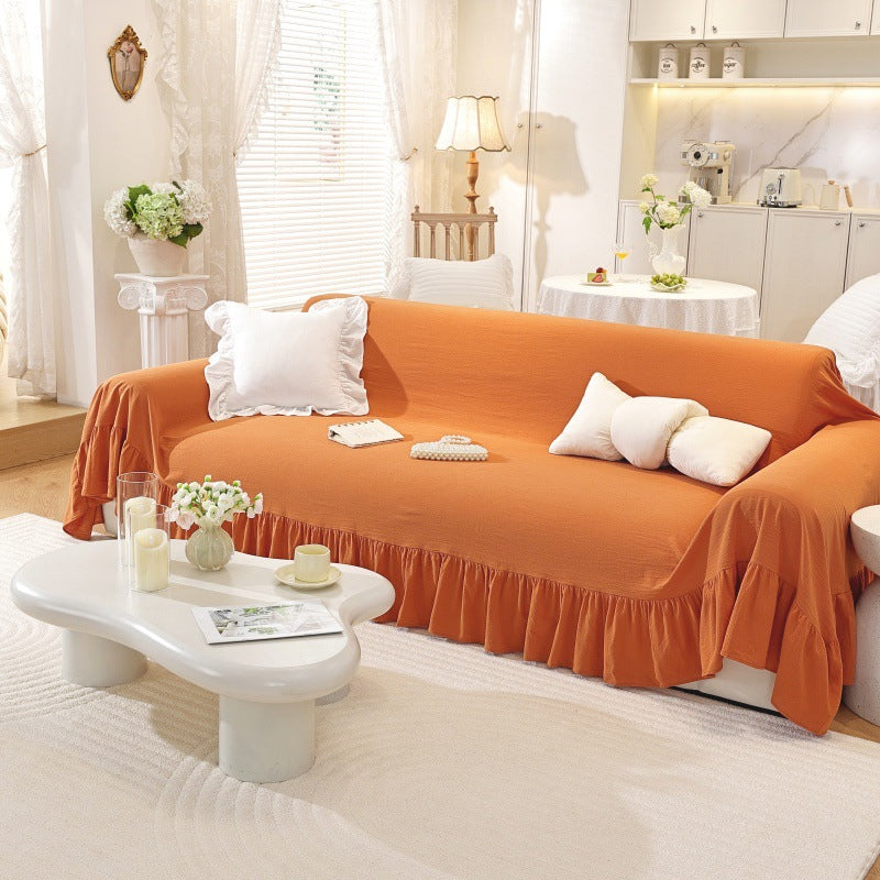Linen-Colored Ruffled Edge Sofa Cover - Full-Cover Dust Protector