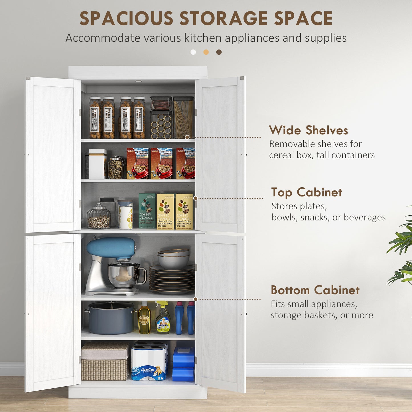 72" Freestanding Kitchen Storage Cabinet with Doors & Shelves - White Wood Grain