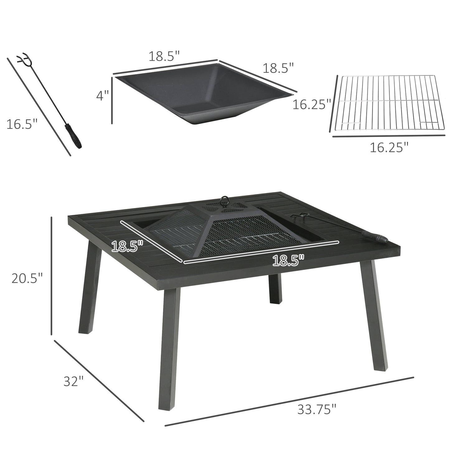 34" Black Outdoor Fire Pit with Grill, Cover & Poker