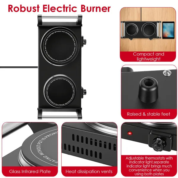 1800W Electric Double Burner Hot Plate with 5 Temperature Settings
